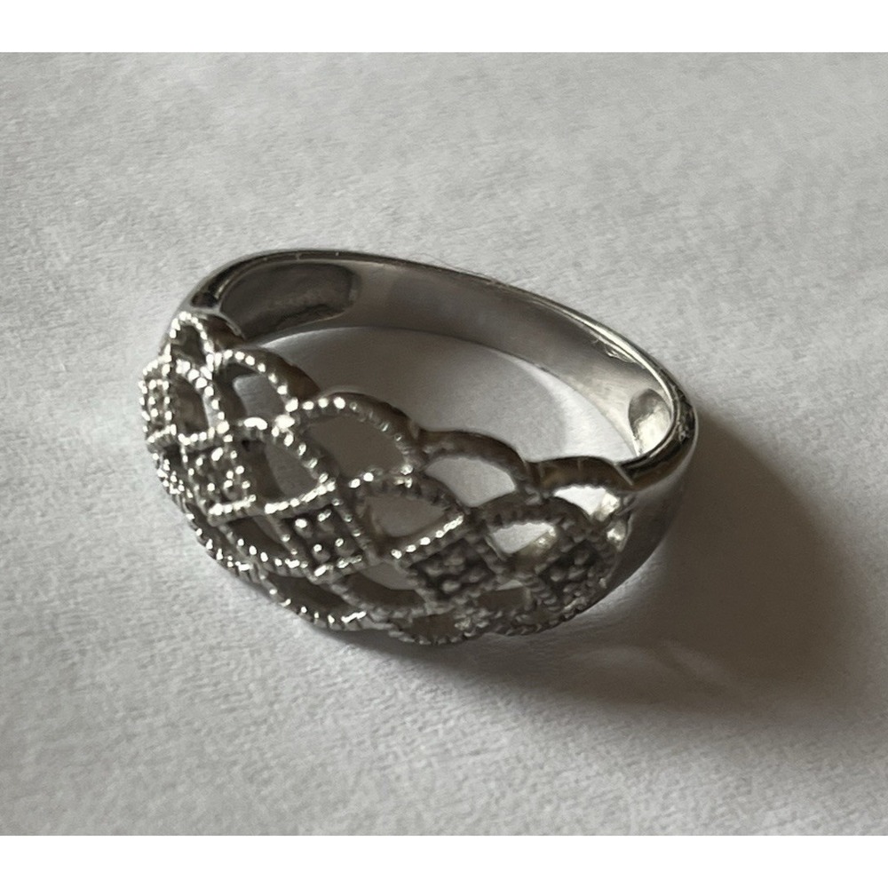 925 Sterling Silver Size 8 Pierced Design Diamond Chips Band‎ Ring Vintage